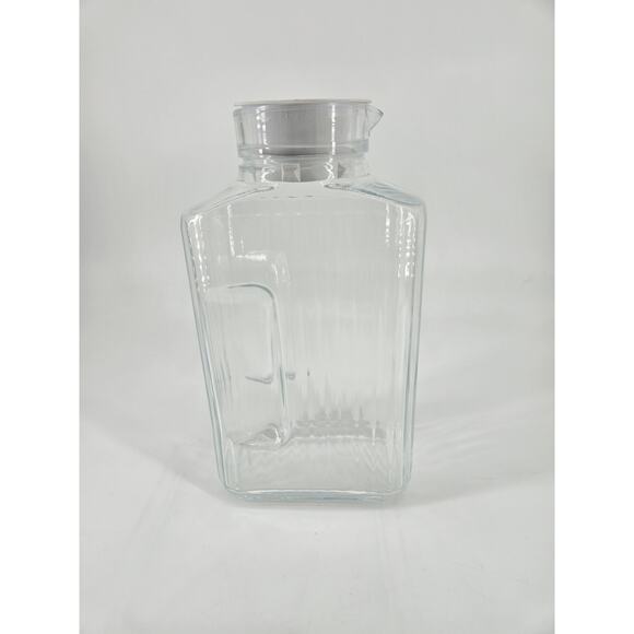 Vintage ARC France Ribbed Glass Pitcher W/ White Lid 2 Qt Retro Refrigerator Jug - Picture 6 of 11